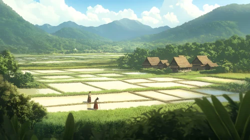 Tranquil Rice Field Scenery with Mountains