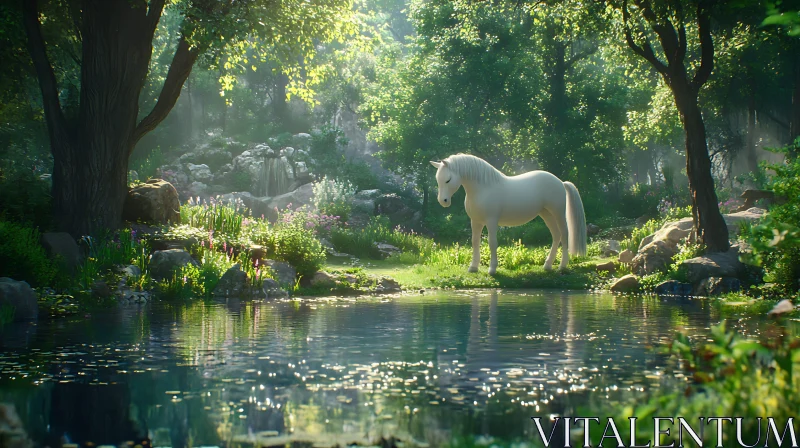 Horse in a Forest Pond