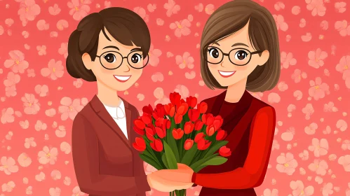 Cartoon Portrait: Two Women Sharing Flowers