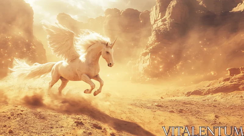 Winged Unicorn Galloping in Desert Scene