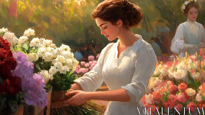 Woman Arranging Flowers in Garden