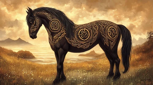 Ornamented Black Stallion in Golden Field
