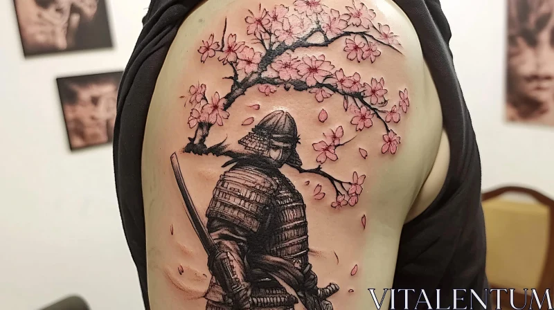 Samurai with Cherry Blossoms Tattoo
