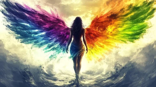 Rainbow Winged Woman in Water