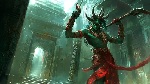 Green Demon Warrior with Horns