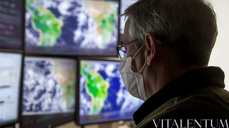Man with Mask Analyzing Earth Monitors