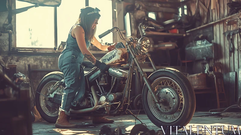 Woman Mechanic Working on Classic Bike
