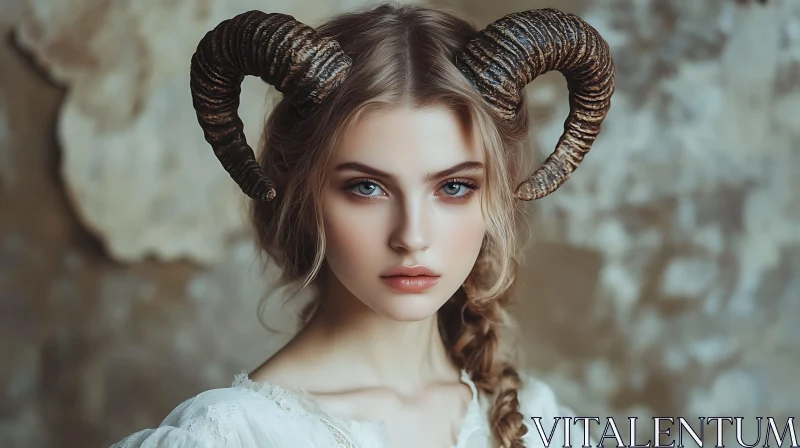 Horned Woman's Ethereal Gaze AI Image