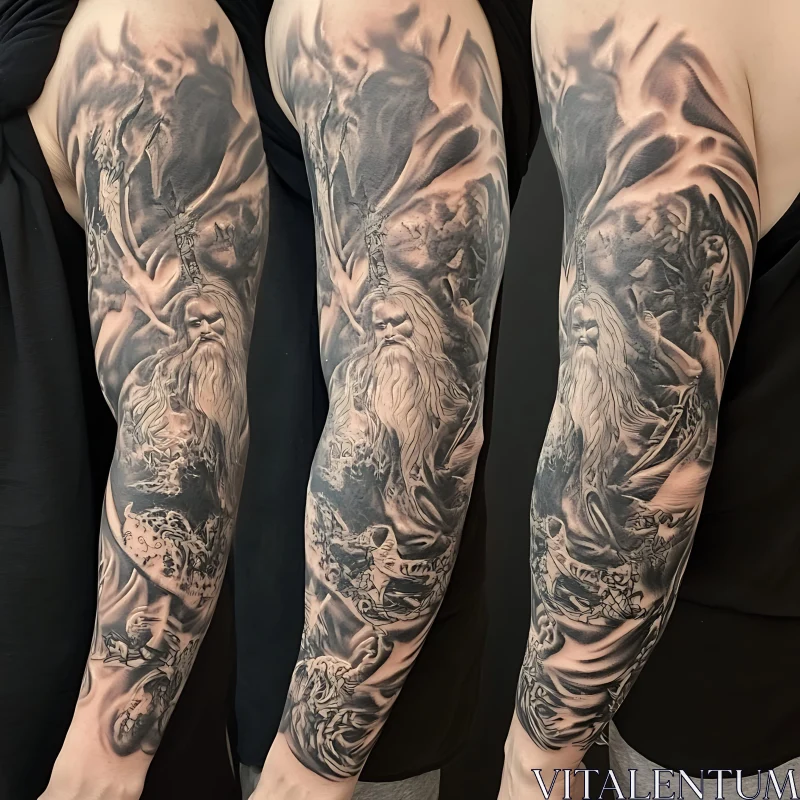 Elaborate Black and Grey Full Sleeve Tattoo Art