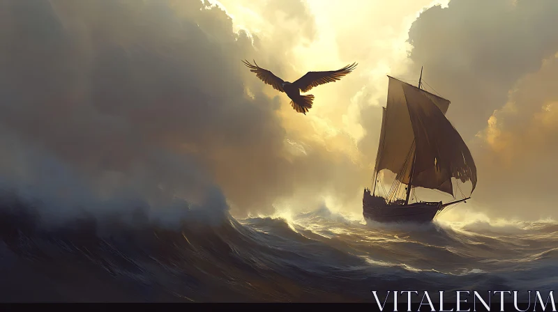 Eagle and Ship in Stormy Sea
