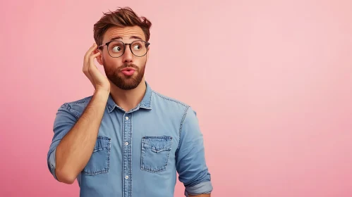 Man with Glasses Eavesdropping on Pink