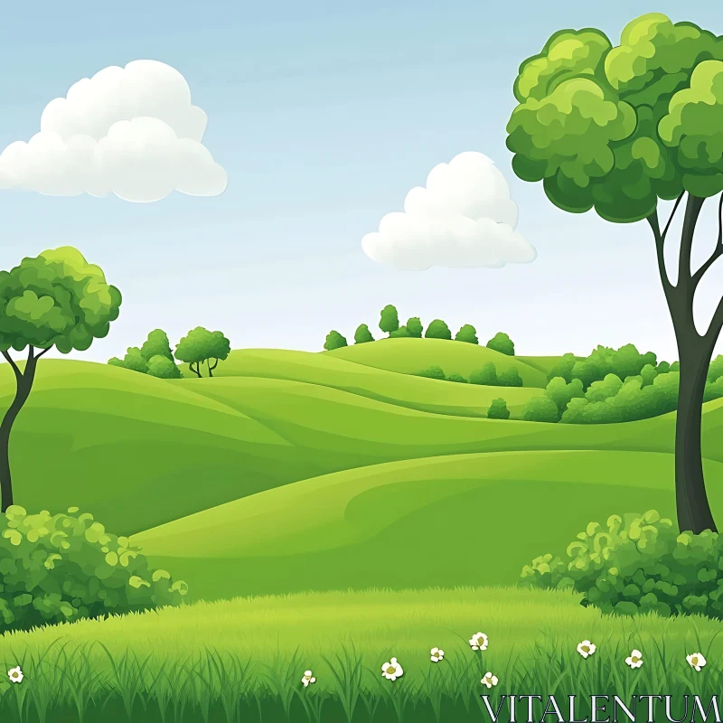 Cartoon Green Field With Trees