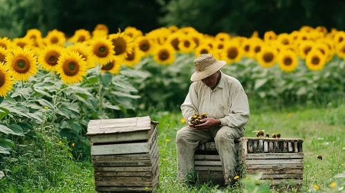 Rural Beekeeping Scene with Sunflowers