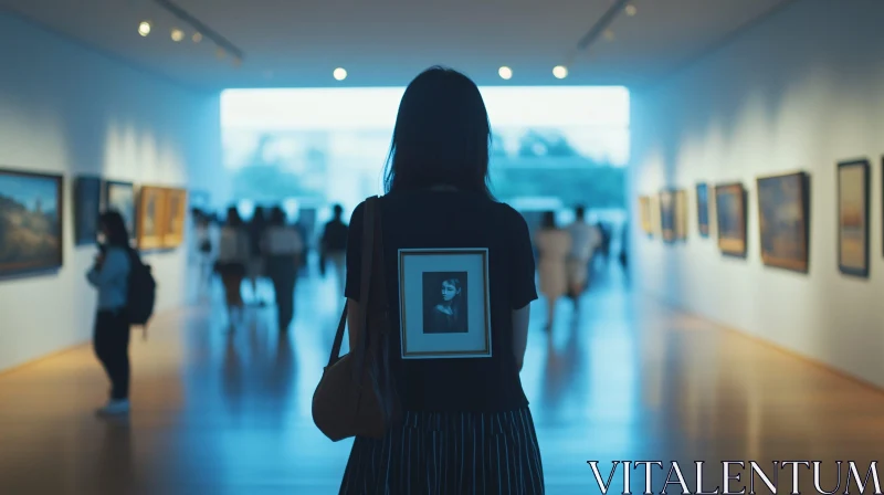 Art Gallery Visitor with Portrait on Back