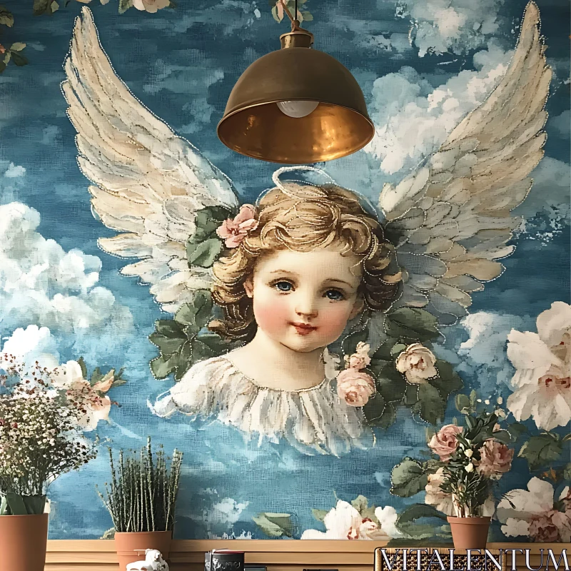 Serene Angel in Sky of Flowers