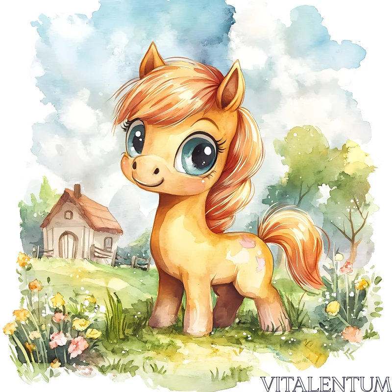 Cute Pony in Watercolor Field AI Image
