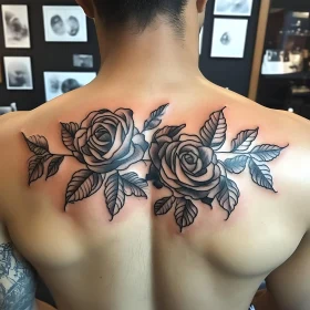 Detailed Black and Gray Rose Tattoo on Upper Back