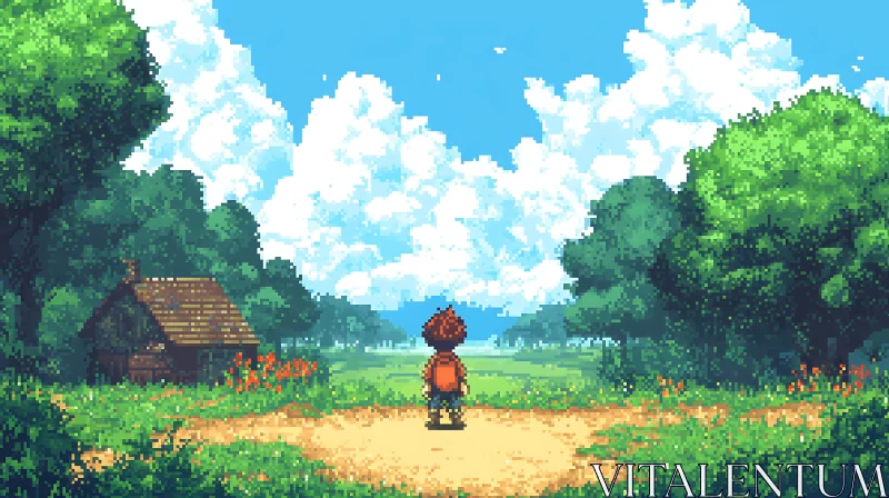 Pixel Child Gazing at Forest Meadow