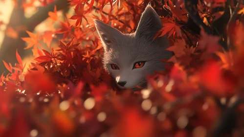 Fox Hidden in Red Foliage