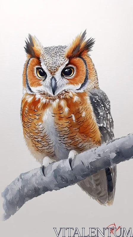 Owl Portrait Art on a Branch
