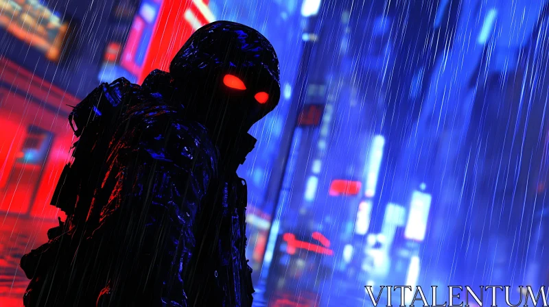 Rainy Night Silhouette with Glowing Eyes