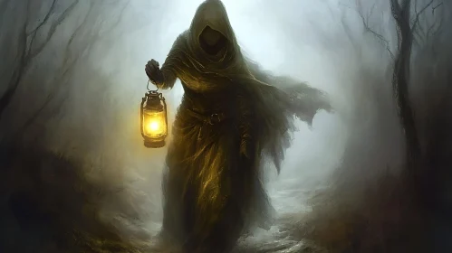 Dark Figure in Mist with Lantern