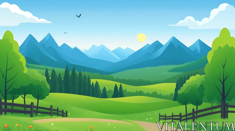 Green Fields and Blue Mountains Landscape