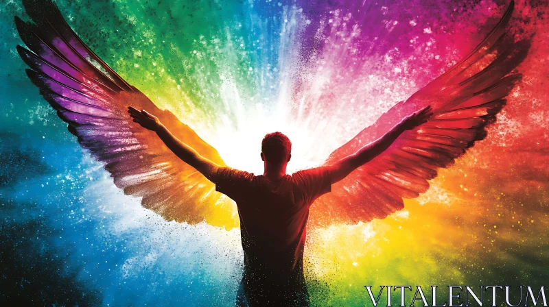 Man with Colorful Wings Reaching for Light