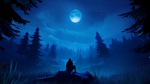 Forest at Night Under Moonlight