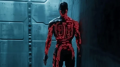 Advanced Humanoid Cyborg Illuminated by Red Neon