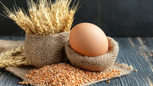 Burlap Sack with Egg and Grains