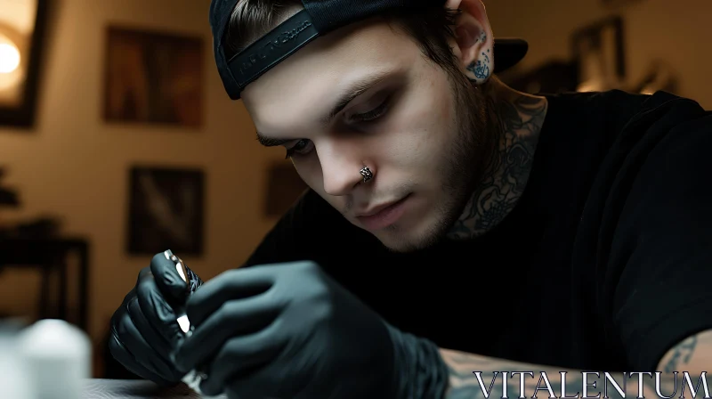 Concentrated Tattoo Professional in Dim Lighting