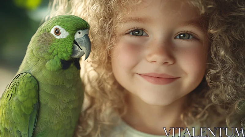 Girl with her Green Parrot Friend