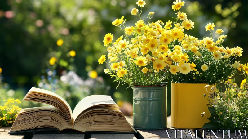 Open Book and Yellow Flowers Still Life