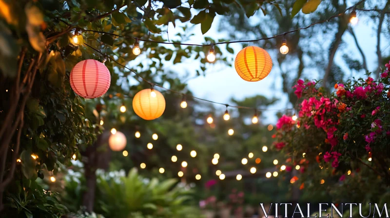 Glowing Lanterns in Garden Setting