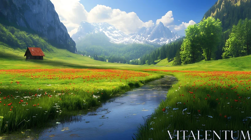 Idyllic Mountain Valley with Floral Meadow