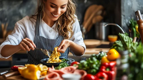 Chef Cooking Pasta Surrounded by Fresh Vegetables