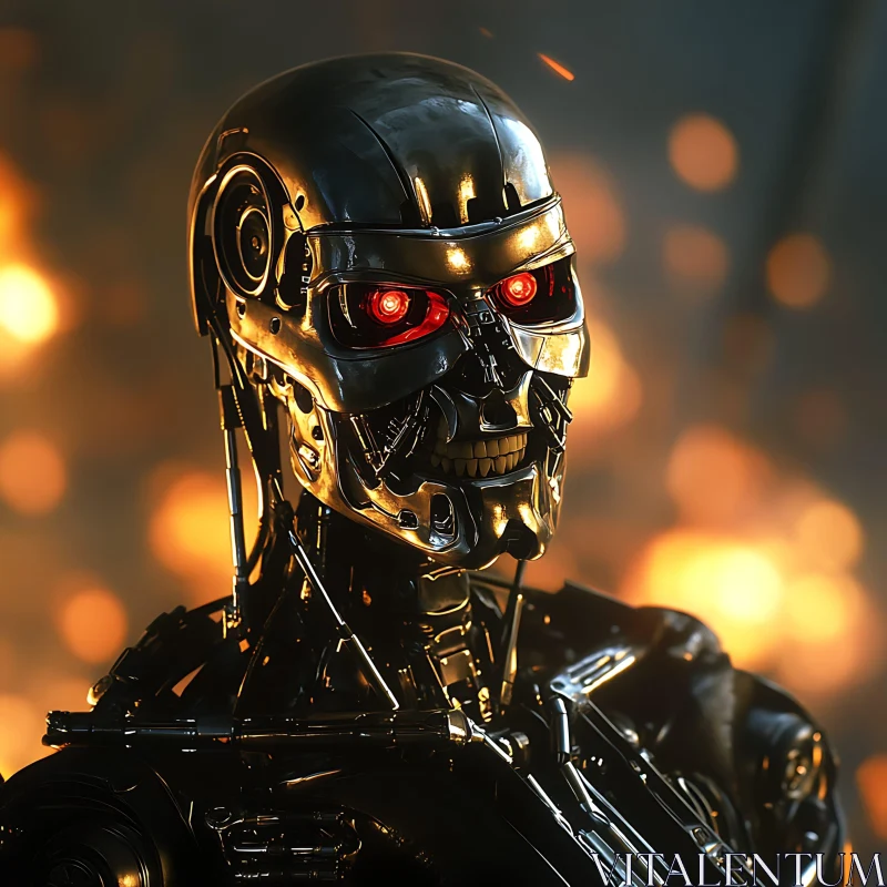 Metallic Cyborg Amidst Flames