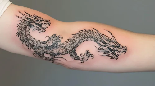Detailed Black Ink Dragon Tattoo on Arm