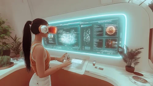 Future Interface: Woman Using VR Headset