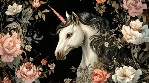 Floral Unicorn Portrait on Black Canvas