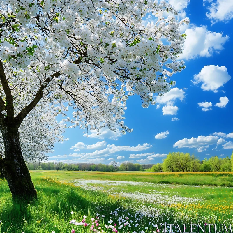 Spring Meadow with Blossoming Tree