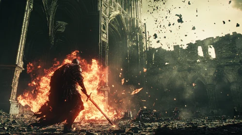 Lone Warrior Amidst Burning Ruins