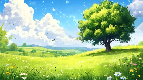 Picturesque Meadow Landscape with Solitary Tree