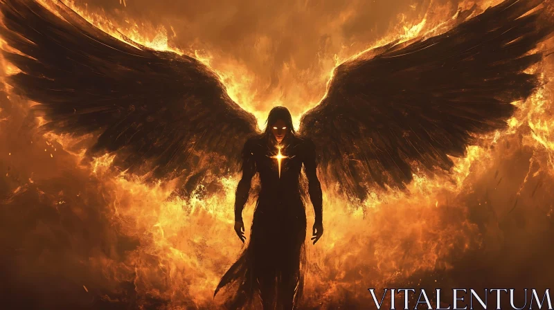 Winged Figure Amidst Burning Flames AI Image