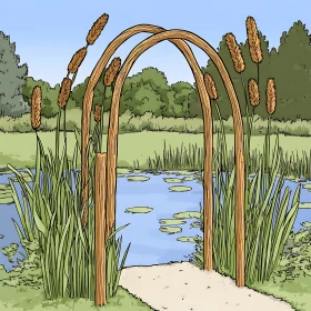 Pond View Through Wooden Arch