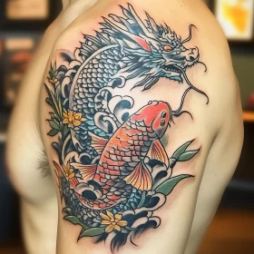 Japanese Shoulder Tattoo with Dragon and Koi Fish