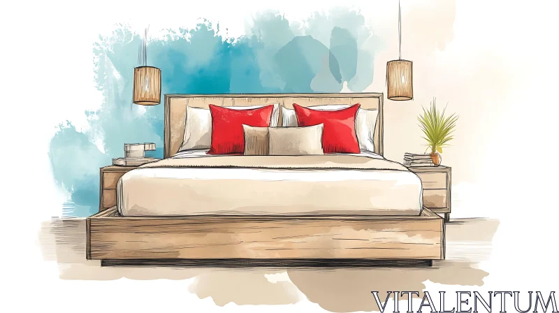 Cozy Bedroom with Red Accents AI Image