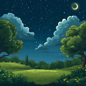 Peaceful Night Scenery with Green Fields