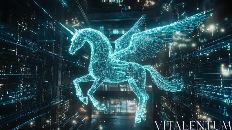Glowing Unicorn in Tech Cityscape